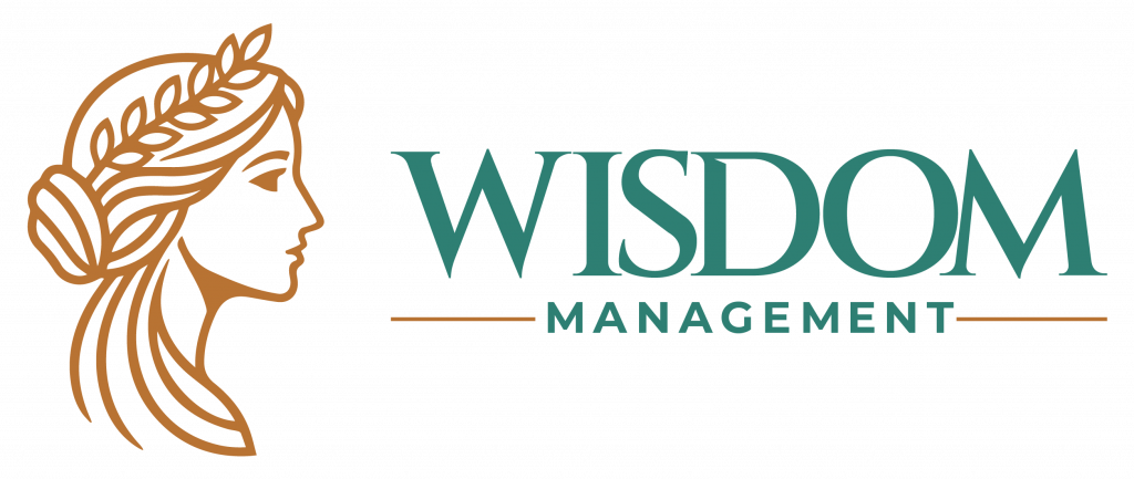 WISDOM MANAGEMENT LOGO  in copper and teal of the goddess Athena side profile